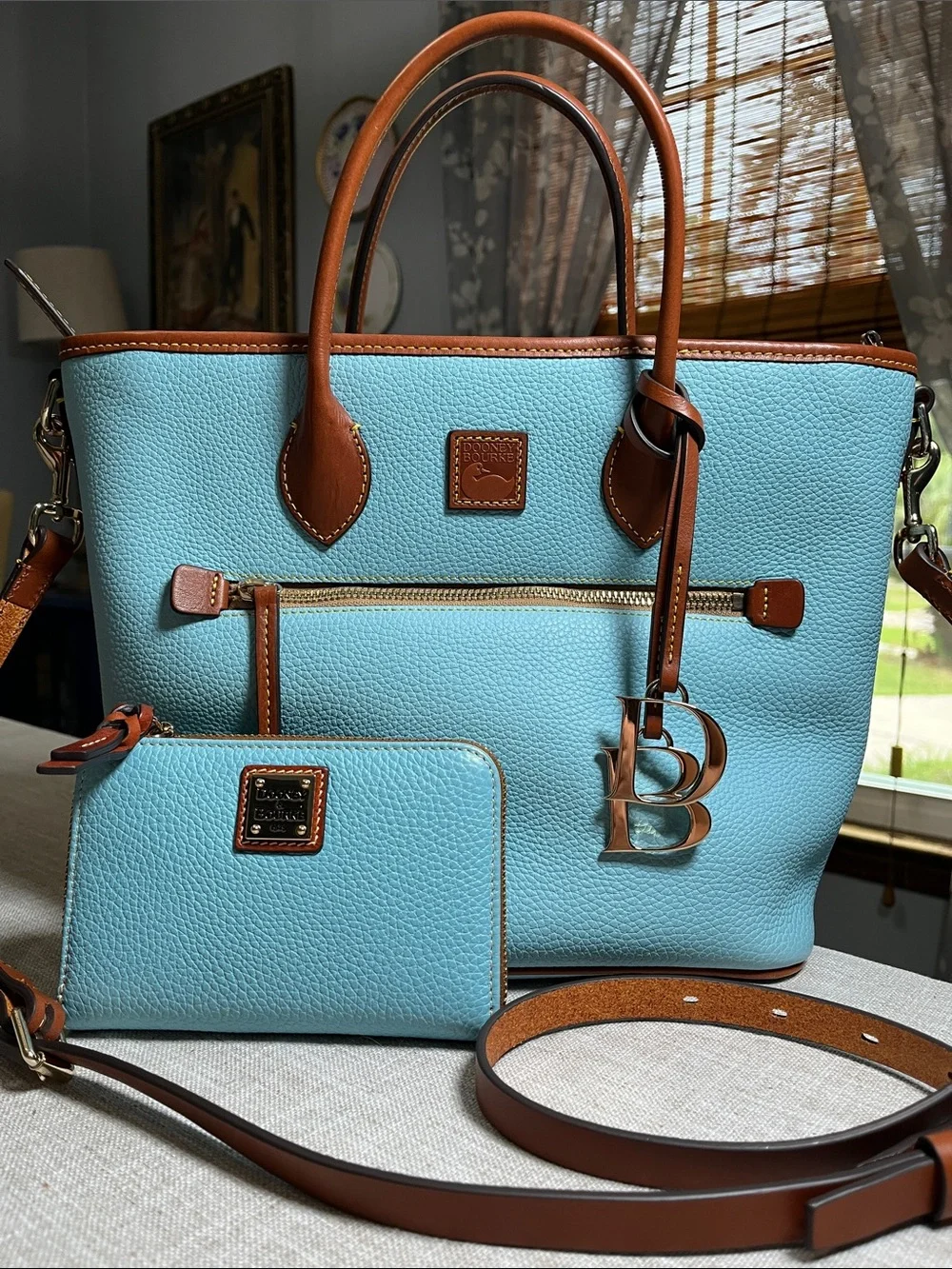 Dooney & Bourke Caribbean Blue Leather Tote with Medium Zip Wallet